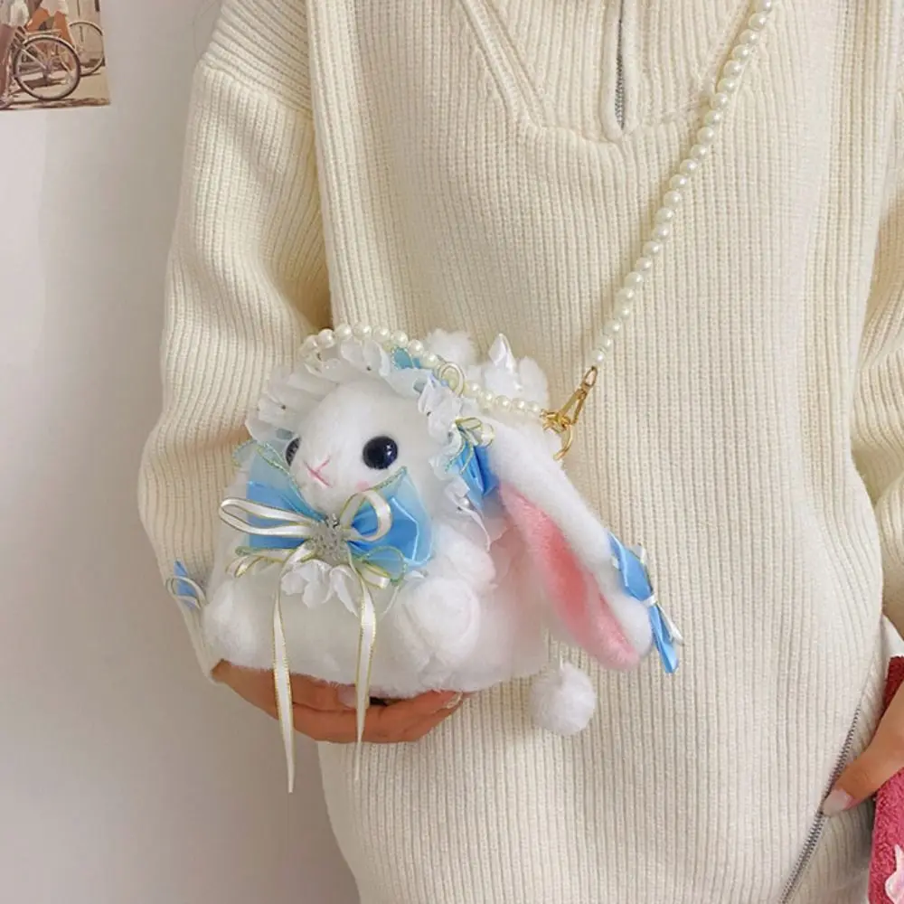 Animali di peluche Borse a tracolla con coniglio Lolita Borsa a tracolla con coniglio in peluche dolce e morbido Catena di perle Borse piccole con orecchie di coniglio