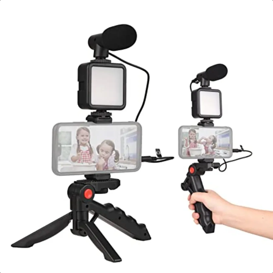 

Andoer Smartphone Vlog Kit Mini LED Video Light + Cardioid Microphone + Extendable Phone Clip + Tripod with Adjustable Brightn