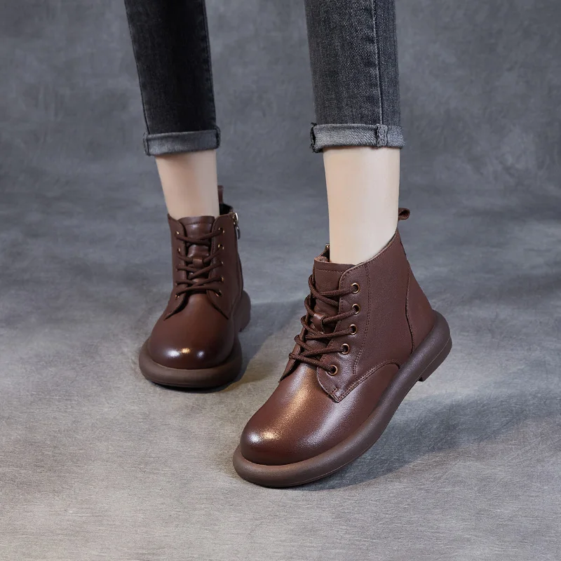DRKANOL Autumn Winter Warm Flat Heel Ankle Boots For Women Handmade Retro Round Toe Genuine Leather Comfort Casual Short Boots - view 4