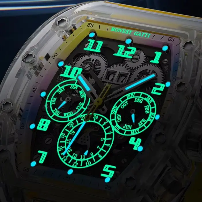 

BONEST GATTI Men Automatic Watch Tonneau Mechanical Wristwatch Acrylic Case Luminous Sapphire Mirror Multi-Dial Month Week Date