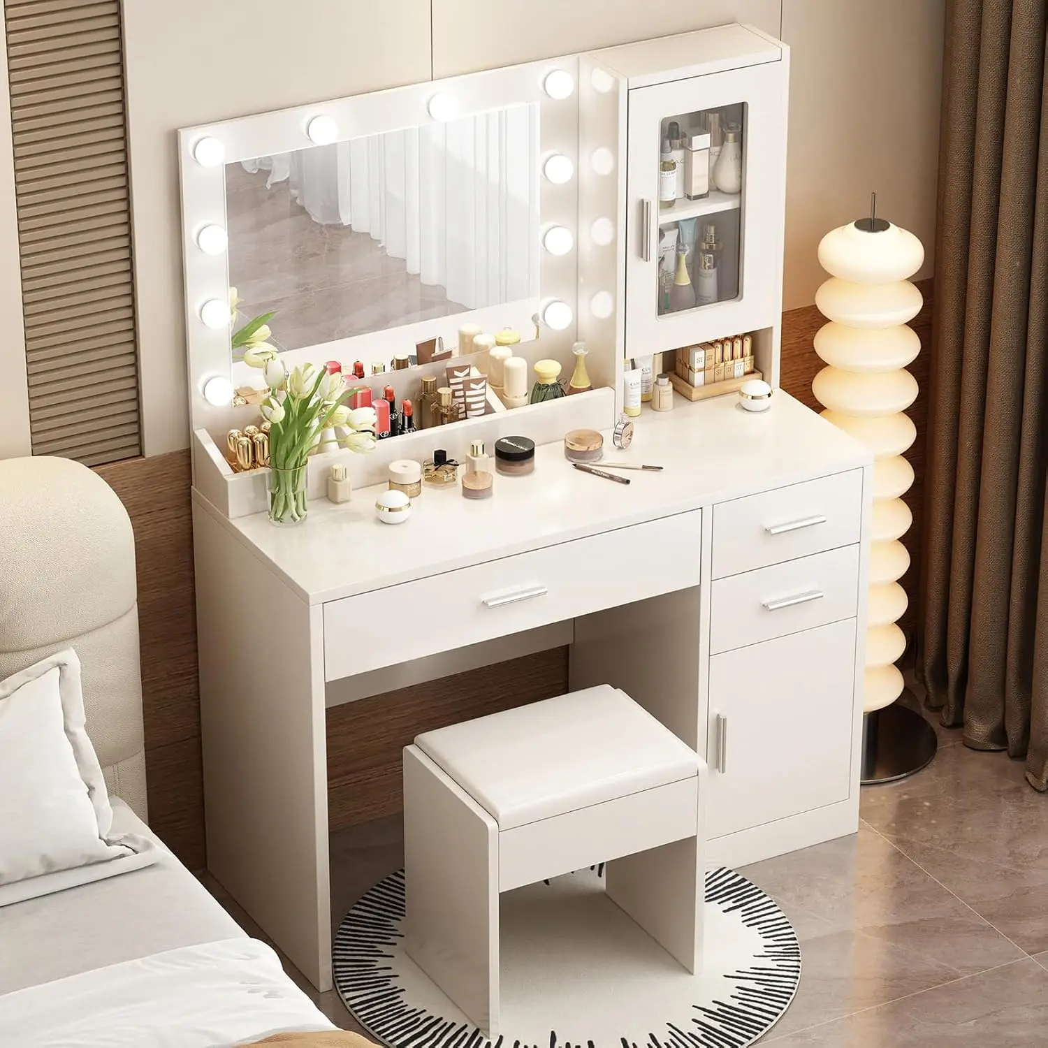 Vanity Desk Set,LED Light Mirror & Chair,3 Lighting Modes,7 Shelves,3 Drawers, Custom