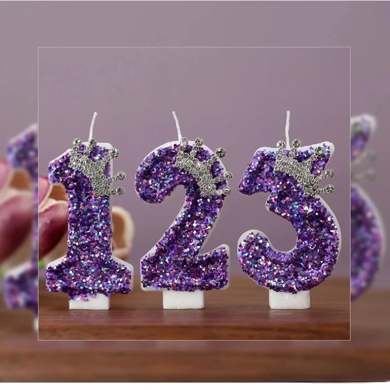 Nouvelle production faite à la main couronne violette bougies d'anniversaire numéro 0-9 bougies de décoration de gâteau de princesse décorations de fête d'anniversaire