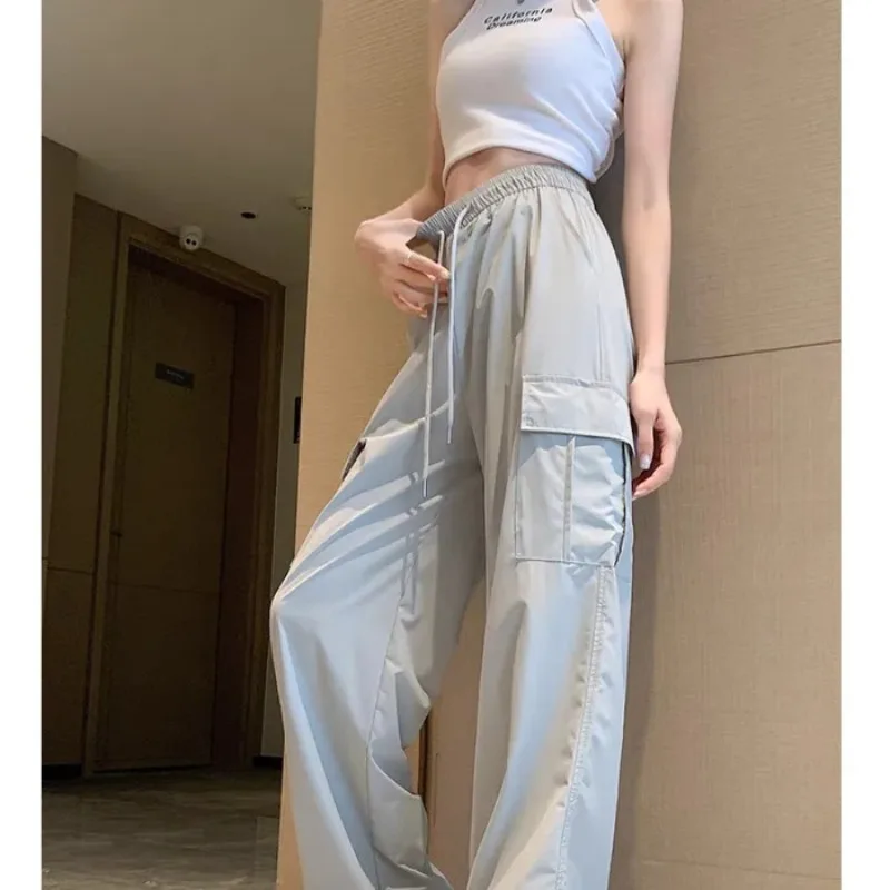 Women Long Pants Women Stright Long Wide Leg Pants Jogging Drawstring 2025 Casual Female Multiple Pockets Long Loose Casual