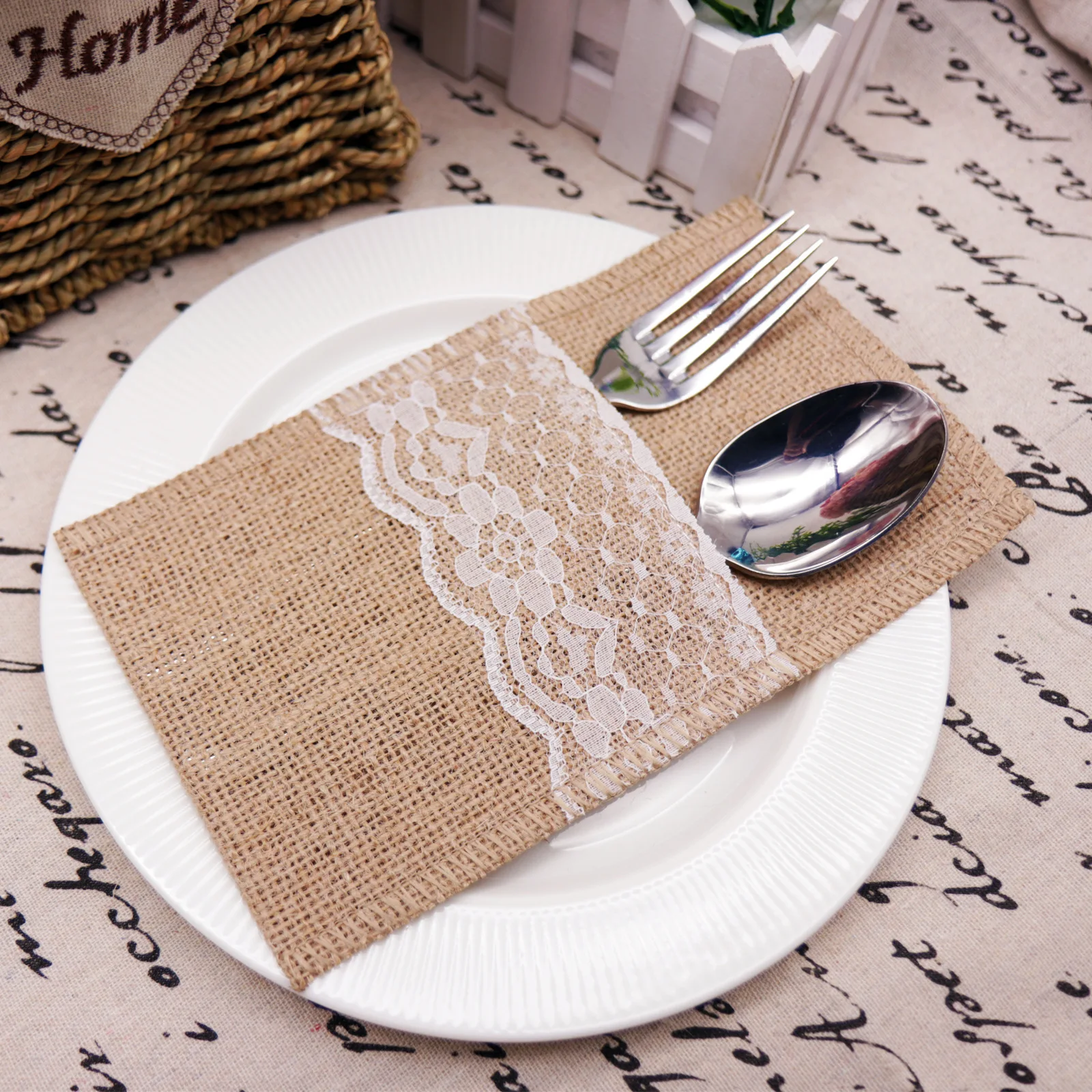 6pcs Burlap Cutlery Pocket Tableware Bag Lace Vintage Jute Hessian Knife Fork Holder Rustic for Wedding Party Birthday Decor view 3