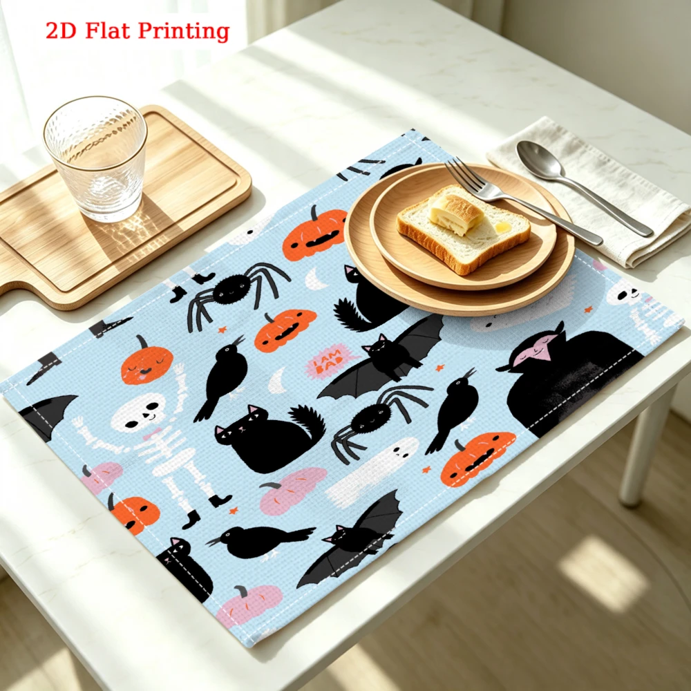 1pc Halloween Placemat Blue Pumpkin Bat Skeleton Ghost Table Mat Kitchen Dining Decor Protection 30x40cm