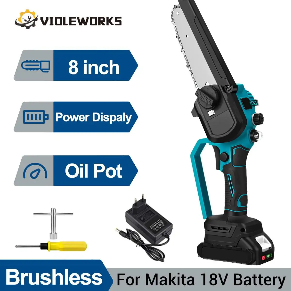 

8 inch Brushless Cordless Electric Chainsaw with Oil Pot Tree Branches Wood Cutting Garden Power Tool for Makita 18V Battery