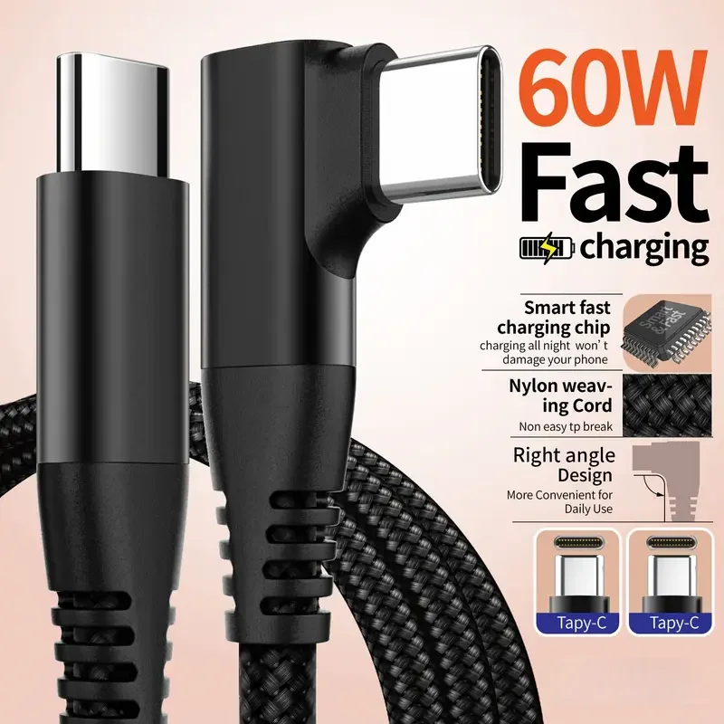 

60W Fast Charging 1m 2m 3m C to C Elbow Data Cable Compatible for iphone 17 16 15 Samsung Xiaomi Redmi Type C Charging Cable