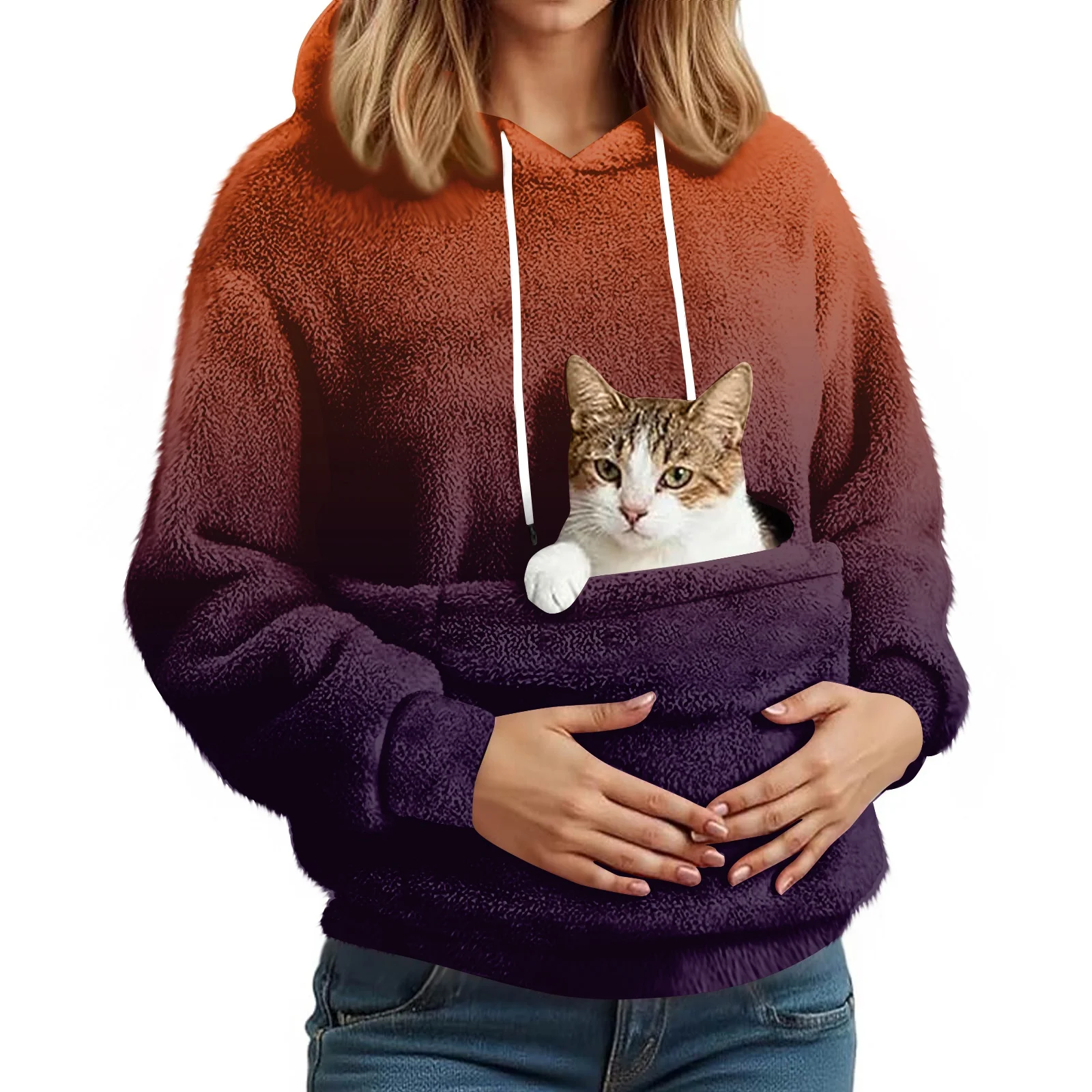 女性のファッショナブルなカジュアルフリース裏地付き長袖ポケット付きフード付きプリントスウェットシャツ女性服冬服女性