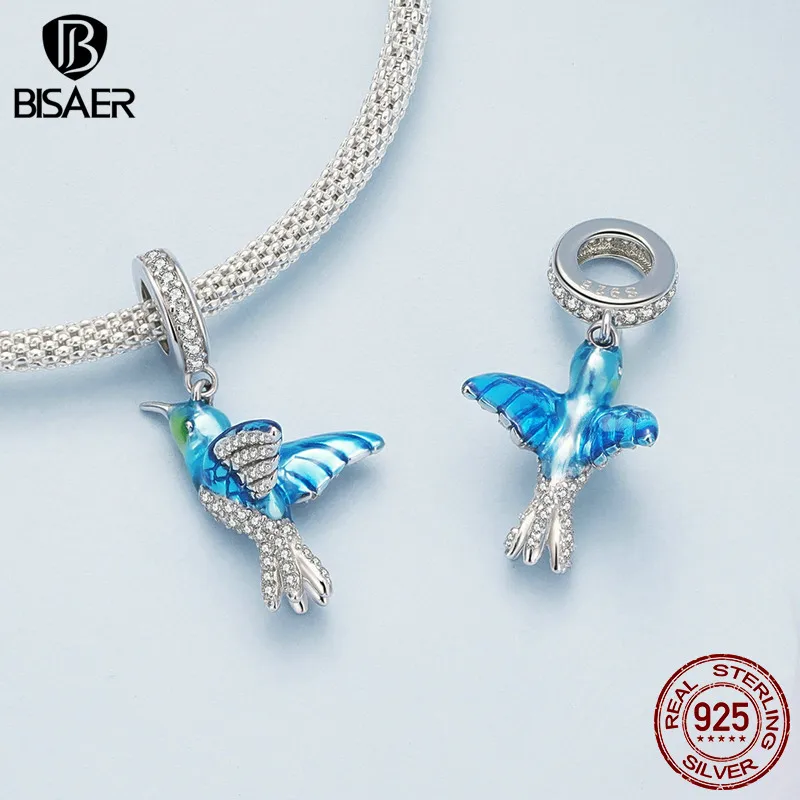 BISAER 925 Sterling Silver Kingfisher Charm Bead Flowers Birds   Flamingo Zircon Pendant Fit Women DIY Bracelet Fine Jewelry