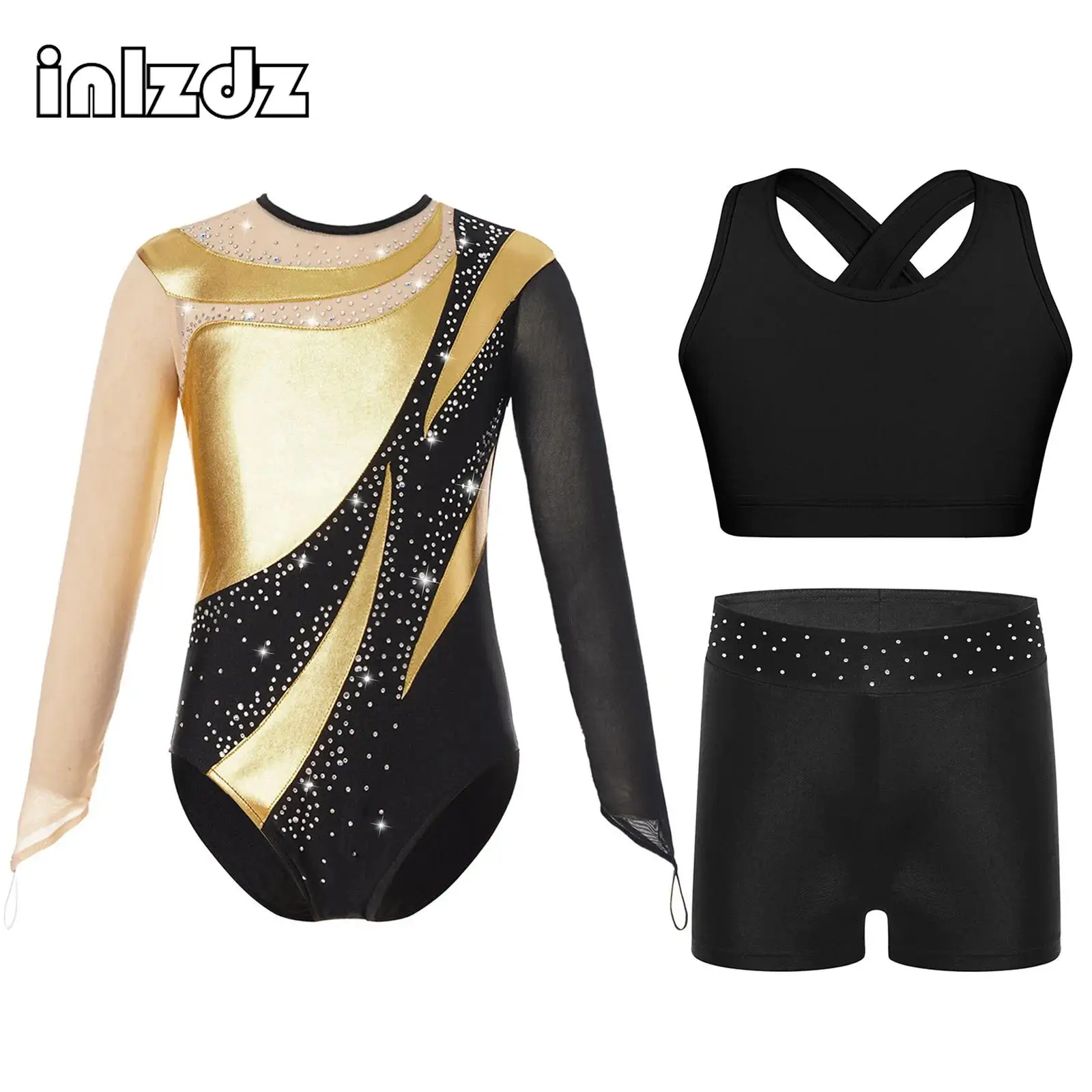 

Children Girls Diamante Long Sleeve Ballet Practice Dance Wear High Quality Gymnastics Ballet Leotard Jumpsuit with Shorts 5-12Y