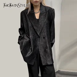 TWOTWINSTYLE Patchwork Pocket Loose Blazers For Women Notched Collar Long Sleeve Spliced Double Breasted Casual Coats Female New