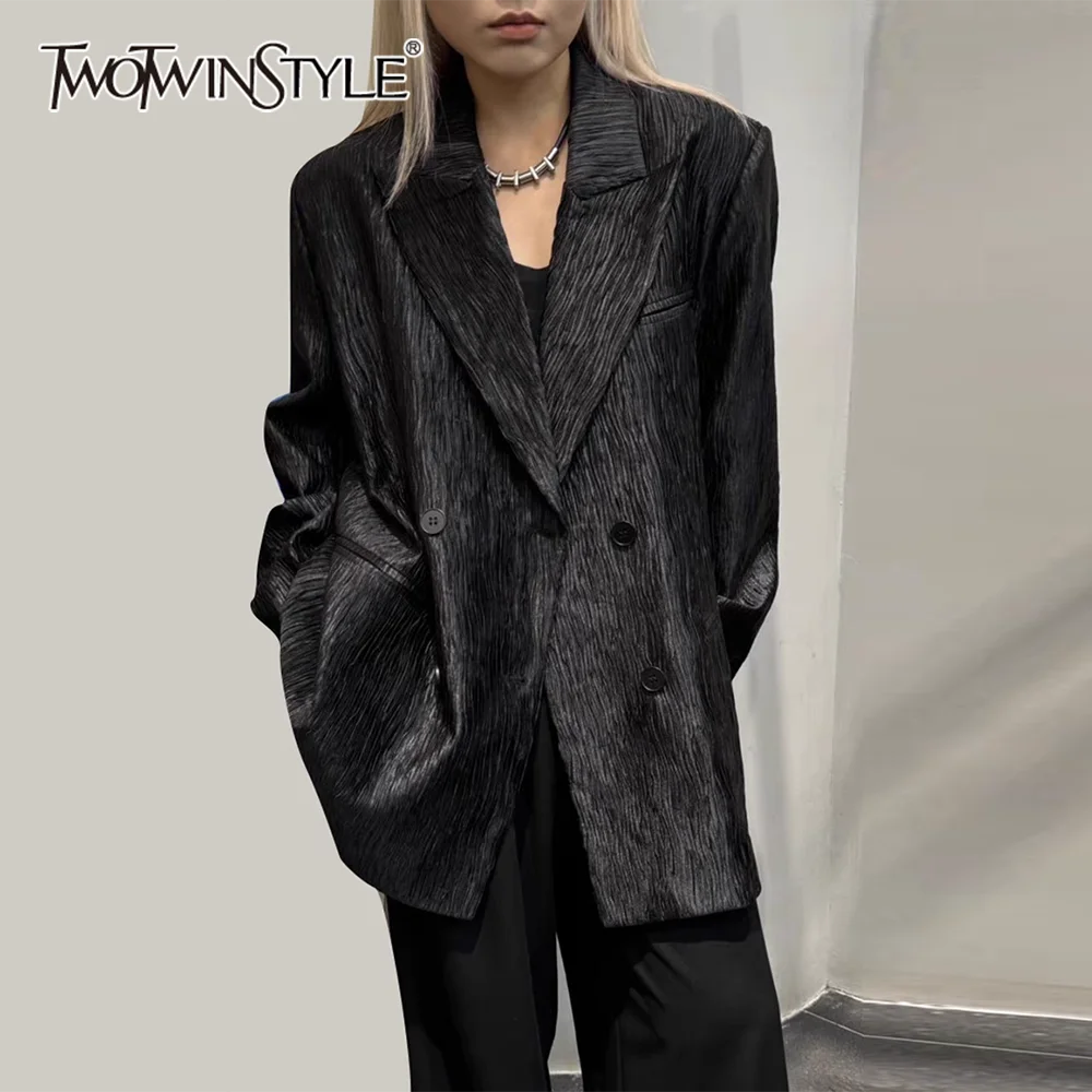 TWOTWINSTYLE Patchwork Pocket Loose Blazers For Women Notched Collar Long Sleeve Spliced Double Breasted Casual Coats Female New