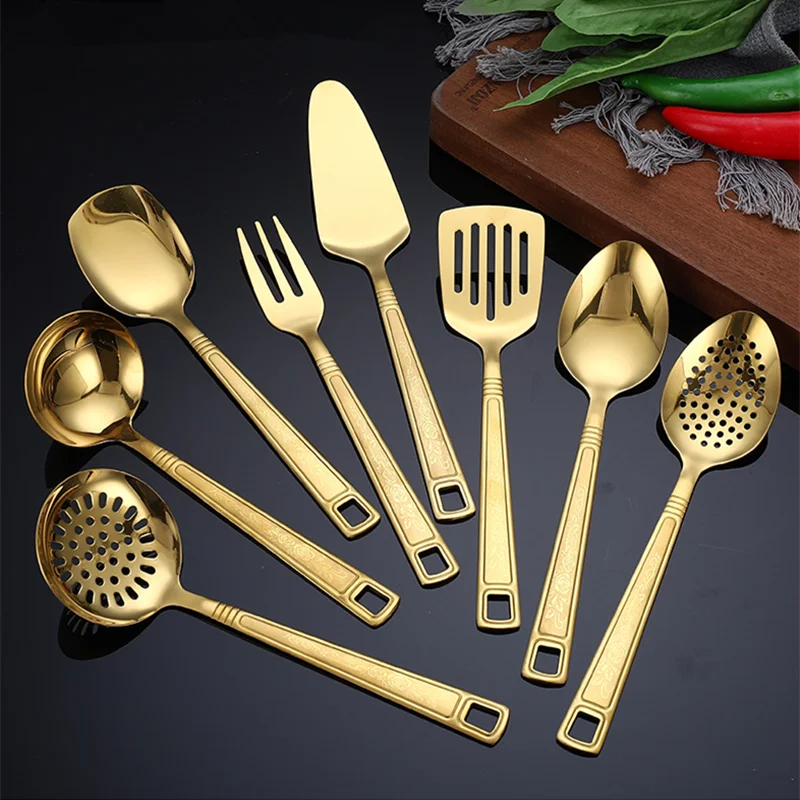 Kitchen Stainless Steel Non Stick Cooking Utensil Large Salad Spoon Fork Hollow Shovel Spatula Stirring Gold Serving Tableware