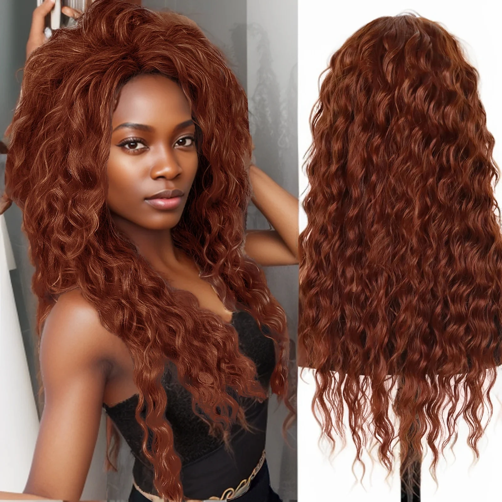 Synthetic Women's Wigs Long Curly Hair Auburn Wig Red Color 28inches Super Long Wig Thick Big Volume Fluffy Replacement Wigs