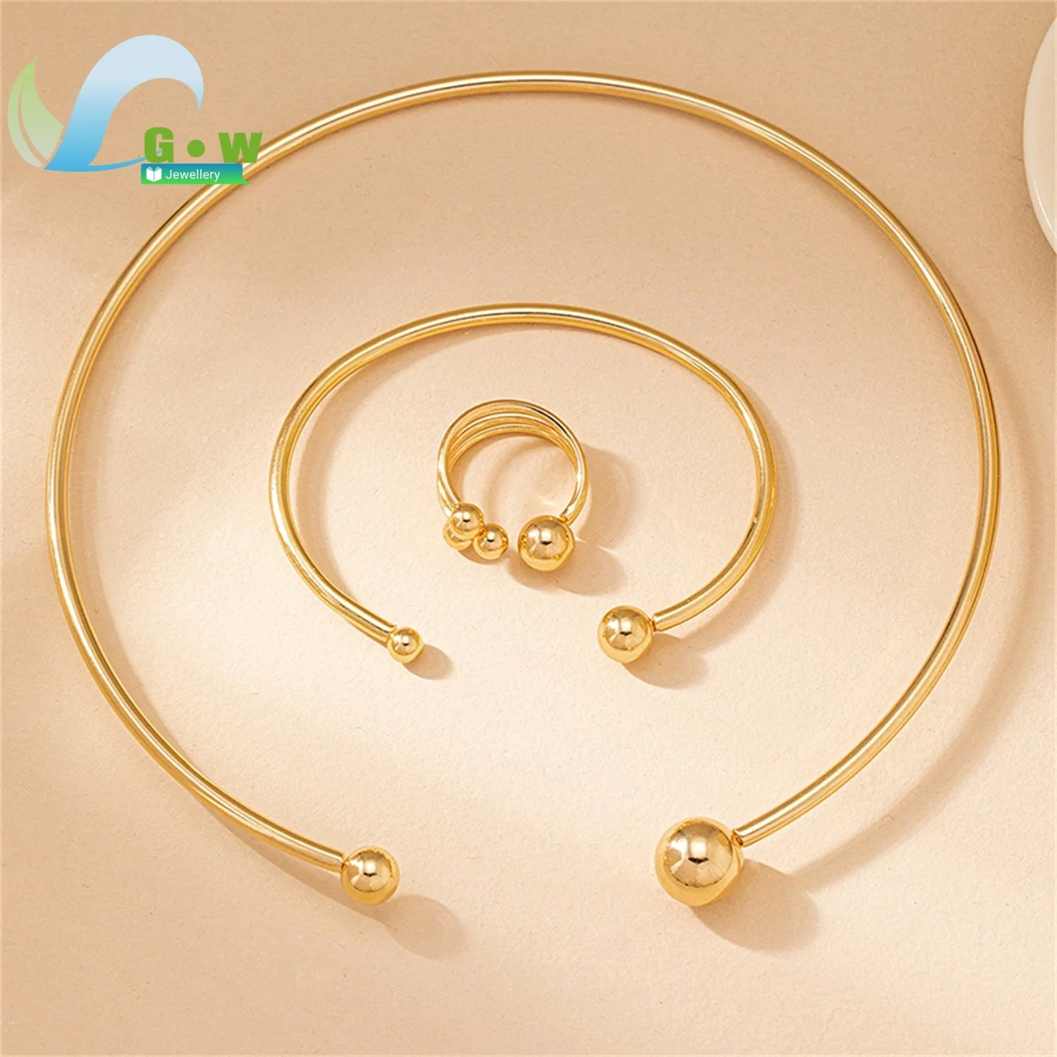 Latest Western Style Bold Unique Round Beads Metals Look Open Smooth Cuff Ring Collar Three Pieces Package Women Fashion Jewelry