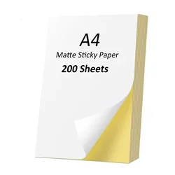 Papel adhesivo A4 para impresora láser de inyección de tinta, etiqueta autoadhesiva en blanco mate, fácil de pelar, hojas adhesivas imprimibles, 200-100