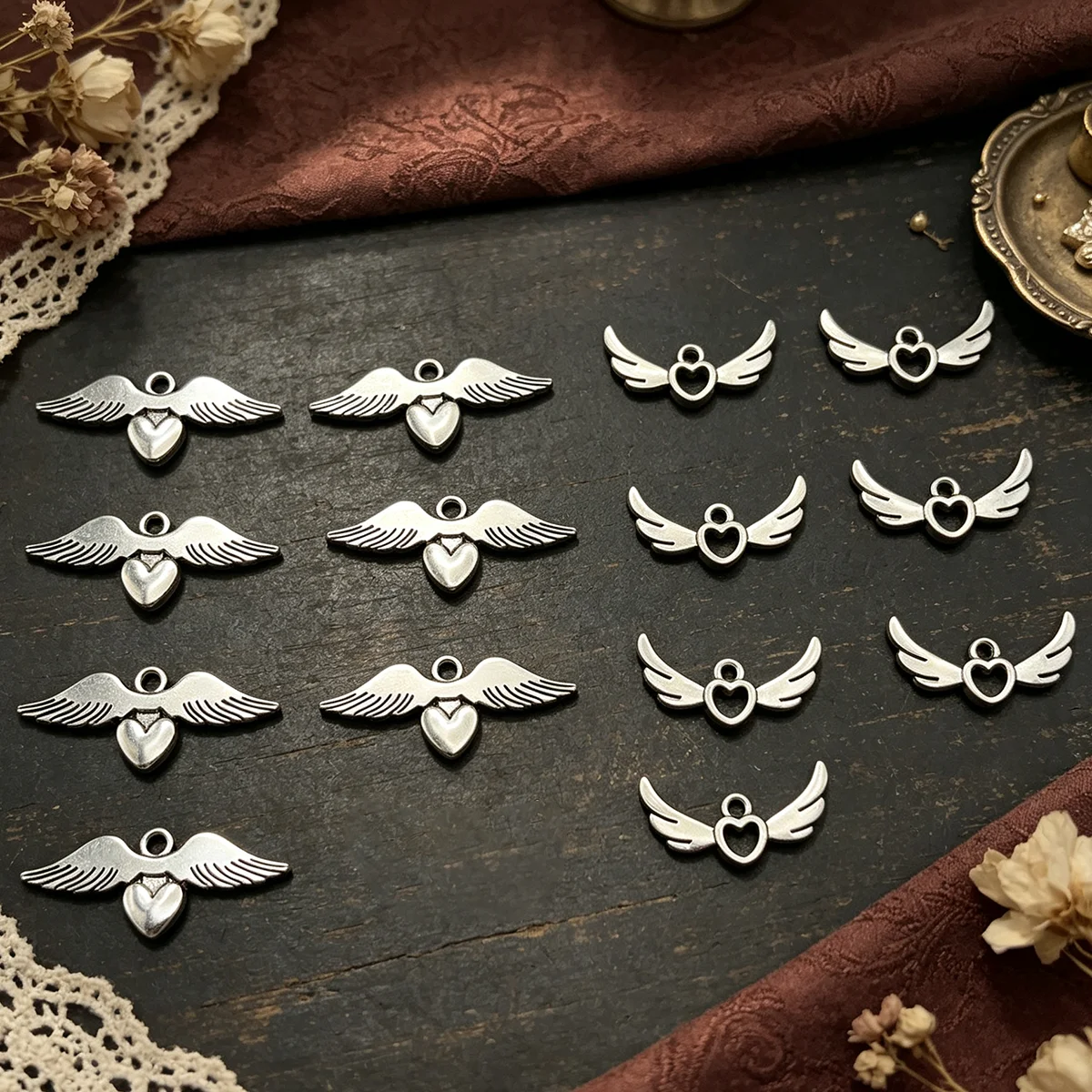 14-Piece Set of Angel Wings DIY Handmade Accessories, Featuring Two Styles: Three-Dimensional Heart Wings and Hollow Heart Wings, Suitable for DIY Bracelets, Necklaces, Earrings, Pendants, and Handmade Beaded Decoration Accessories