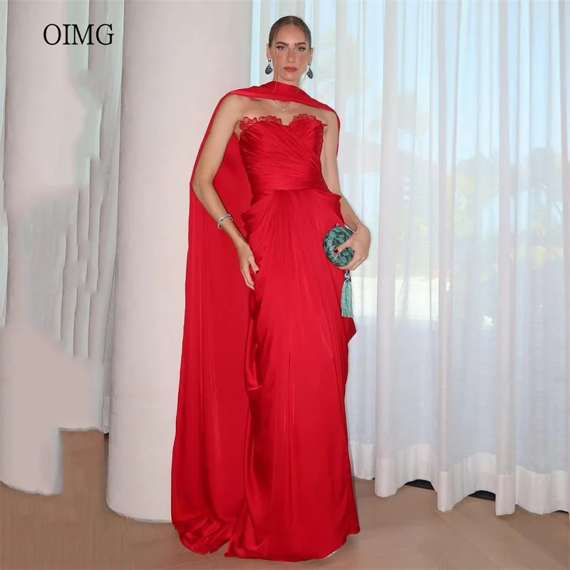 

OIMG Modern Red Mermaid Prom Gowns Sweetheart Neck Pleated Party Gown Floor Length Evening Dress vestidos de gala Customized