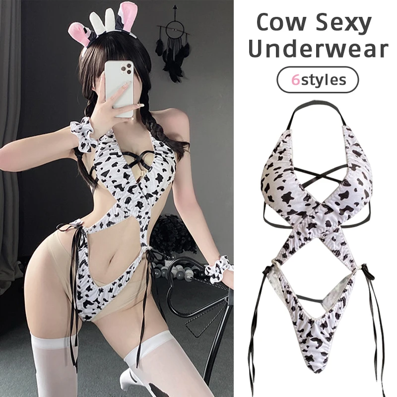 Women Cow Girl Anime Cosplay Costumes Maid Dress Sexy Underwear Lingerie with Cow Print Stockings Stage Show Uniform Suit Set