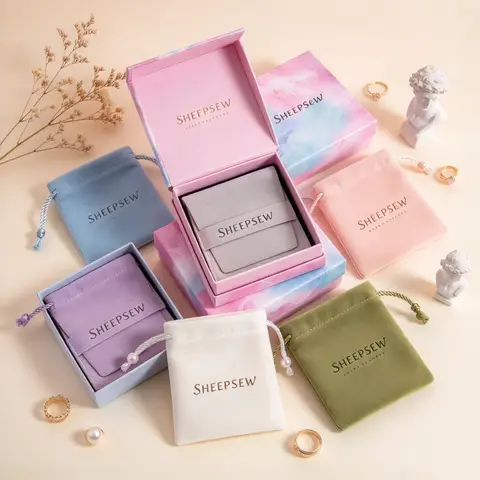 SHEEPSEW 50/100Pcs Luxury Cardboard Jewelry Gift Box with Lid Custom Printed Logo, Microfiber Suede Pouch Bracelet Ring Necklace