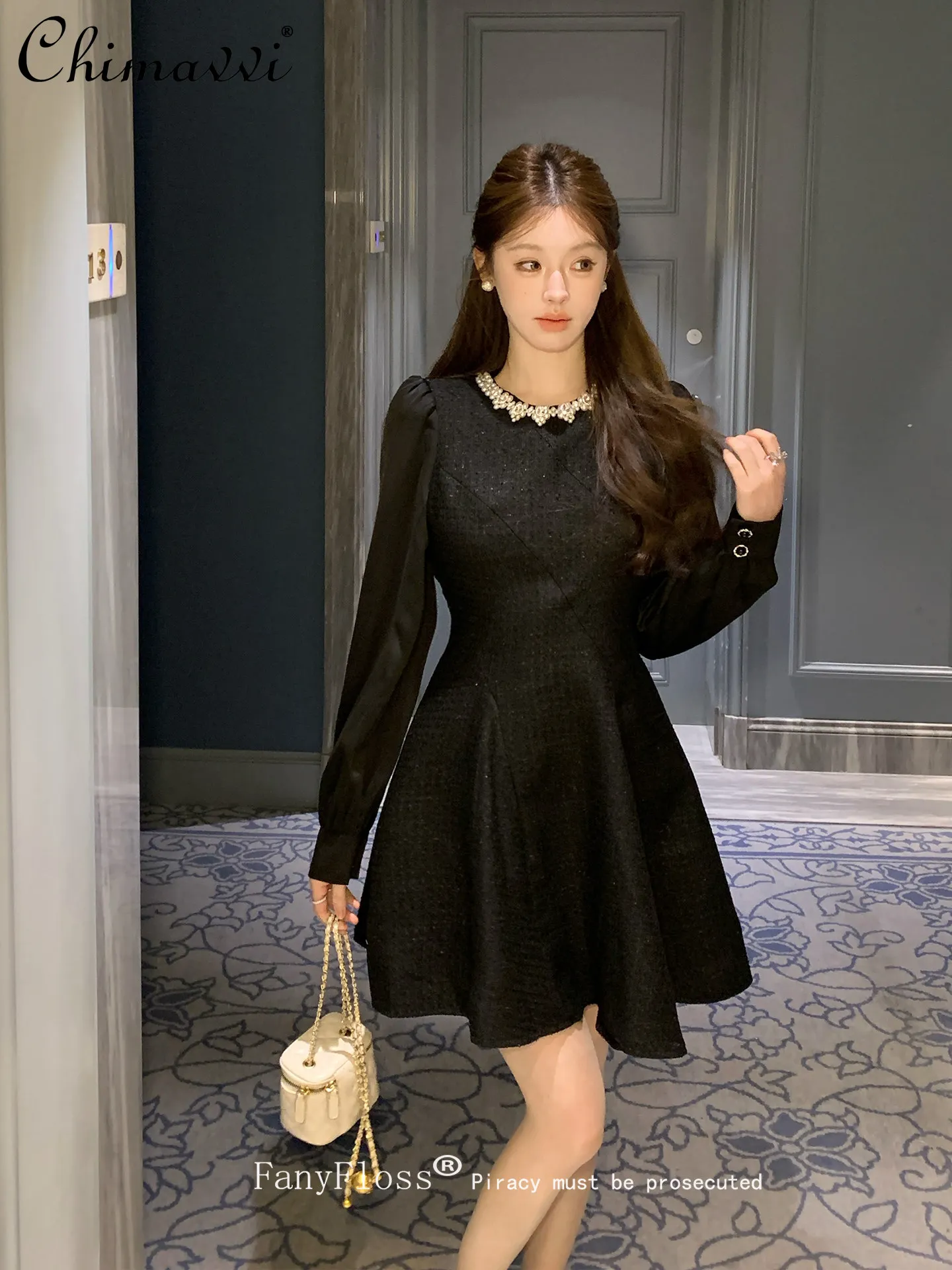 

Black Studded High-waisted Party Dress Women New Spring and Autumn Fashion Light Luxury Shiny Silk Slim-fit Elegant Puffy Dress