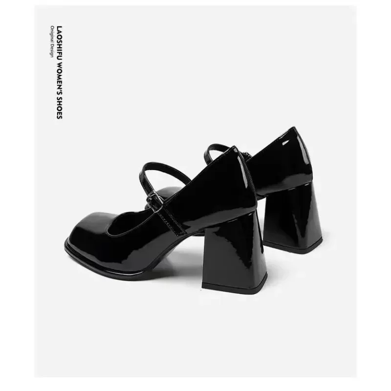 Mary Janes Vintage Black Sandals Woman Buckle Non-Slip Casual Medium Heels Office Ladies Solid Elegant Heels Korean 2024 Summer