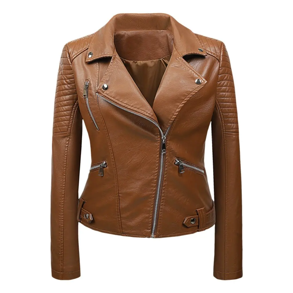 Women's PU Leather Coat Short Lapel Korean Style Slim Fit Harajuku Student Motorcycle Jacket for Spring And Autumn