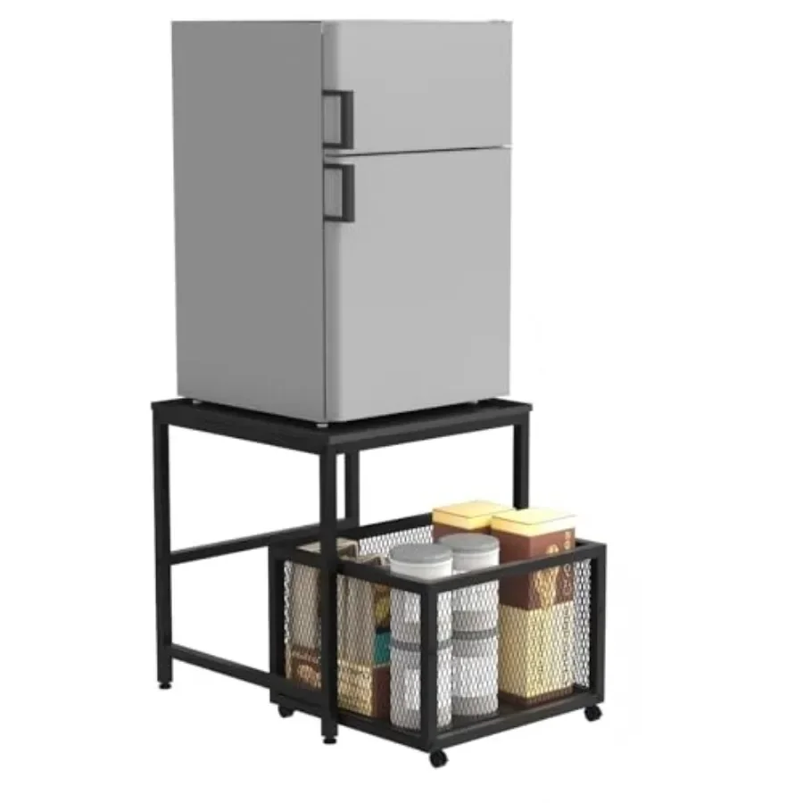 

Mini Fridge Stand for kitchen use, steel black, heavy-duty mobile cart with storage drawer and basket, 19.7-inch square large-c