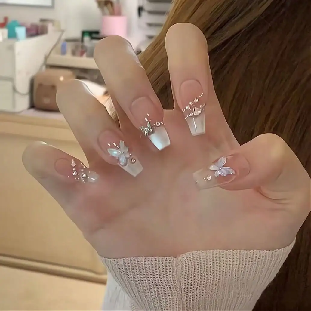 

24Pcs 3D Butterfly Long Square Rhinestone White French Press On Nails Elegant Fairy Manicure for Women
