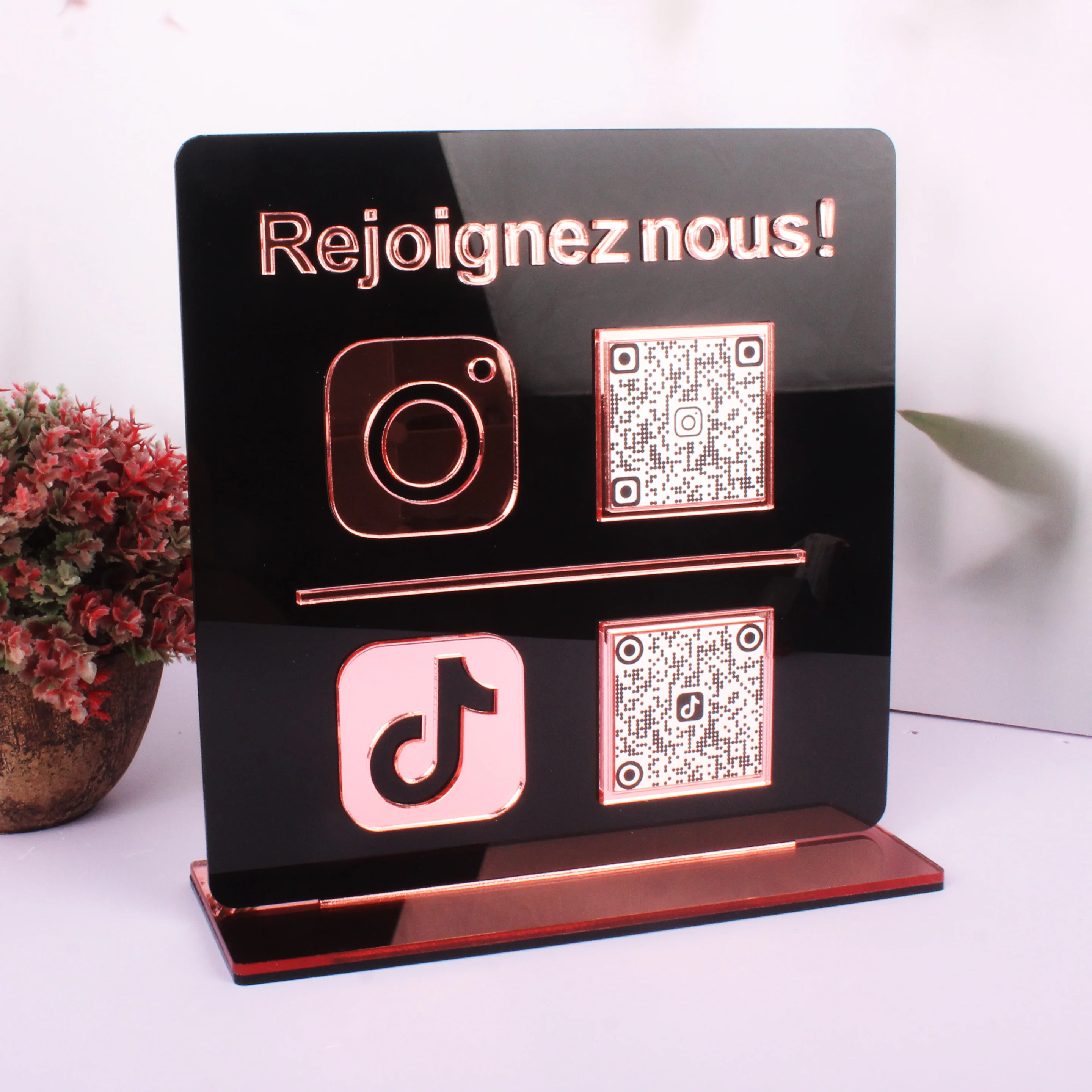 Scan Business Plates Rose Gold Icon Regoignez nous Signs With Your Logo Added Personalized Social Media QR Code Sign