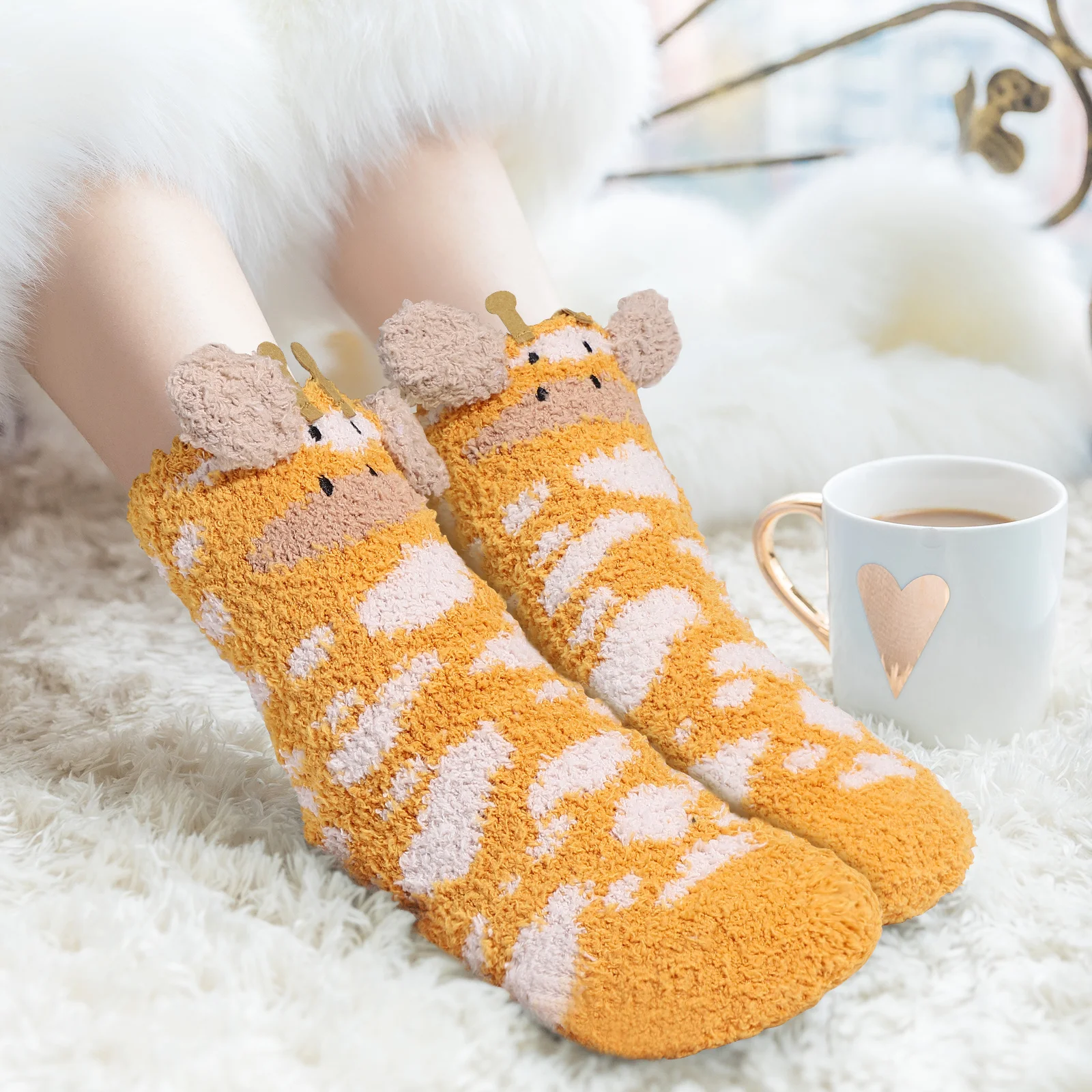 

1Pair Embroidered 3D Ear Sleeping Socks Coral Fleece Warm Floor Stockings for Kids Non-Slip Winter Home Wear Mid-Tube