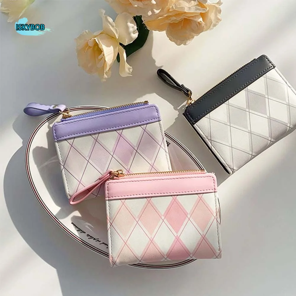 

Pu Leather Rhombus Plaid Wallet Coin Purse Bank Card Bag Folding Purse Change Purse Contrasting Colors Zipper Card Holder