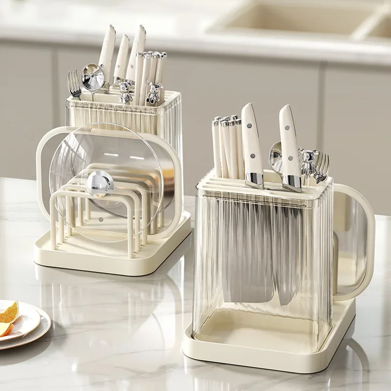 

2 in 1 Multifunctional Knife Cutlery Holder and Cutting Board Rack Adjustable Plastic Pot Lid Storage Kitchen Organizer