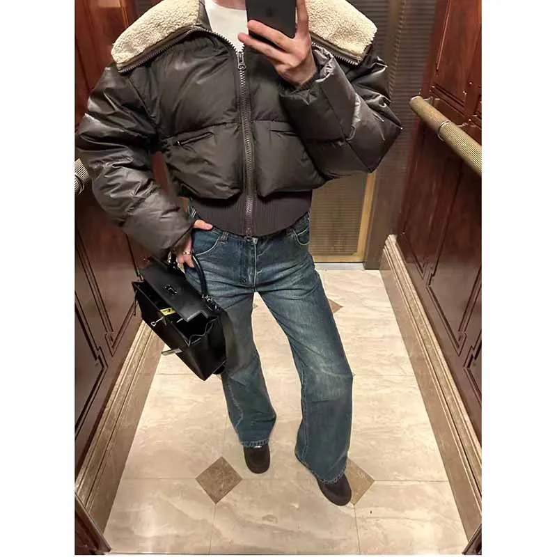 Women Brown Patchwork Faux Rabbit Fur Parka Coat Warm Fashion Overcoat Harajuku Vintage Padded Coats Clothes 2024 New Winter