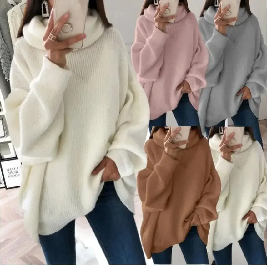 

Women Knitted Solid Sweaters Turtleneck Full Sleeve Thick Jumpers Pullovers Loose Fit Casual Splice Sweater Winter 2023