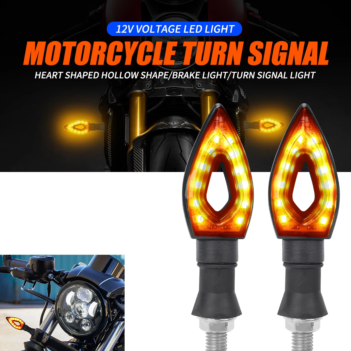4Pcs/set Motorcycle Heart Shape 12 LED Short Turn Signal Lights Blade Lamp Amber Color Indicator Blinkers Motor Accessories