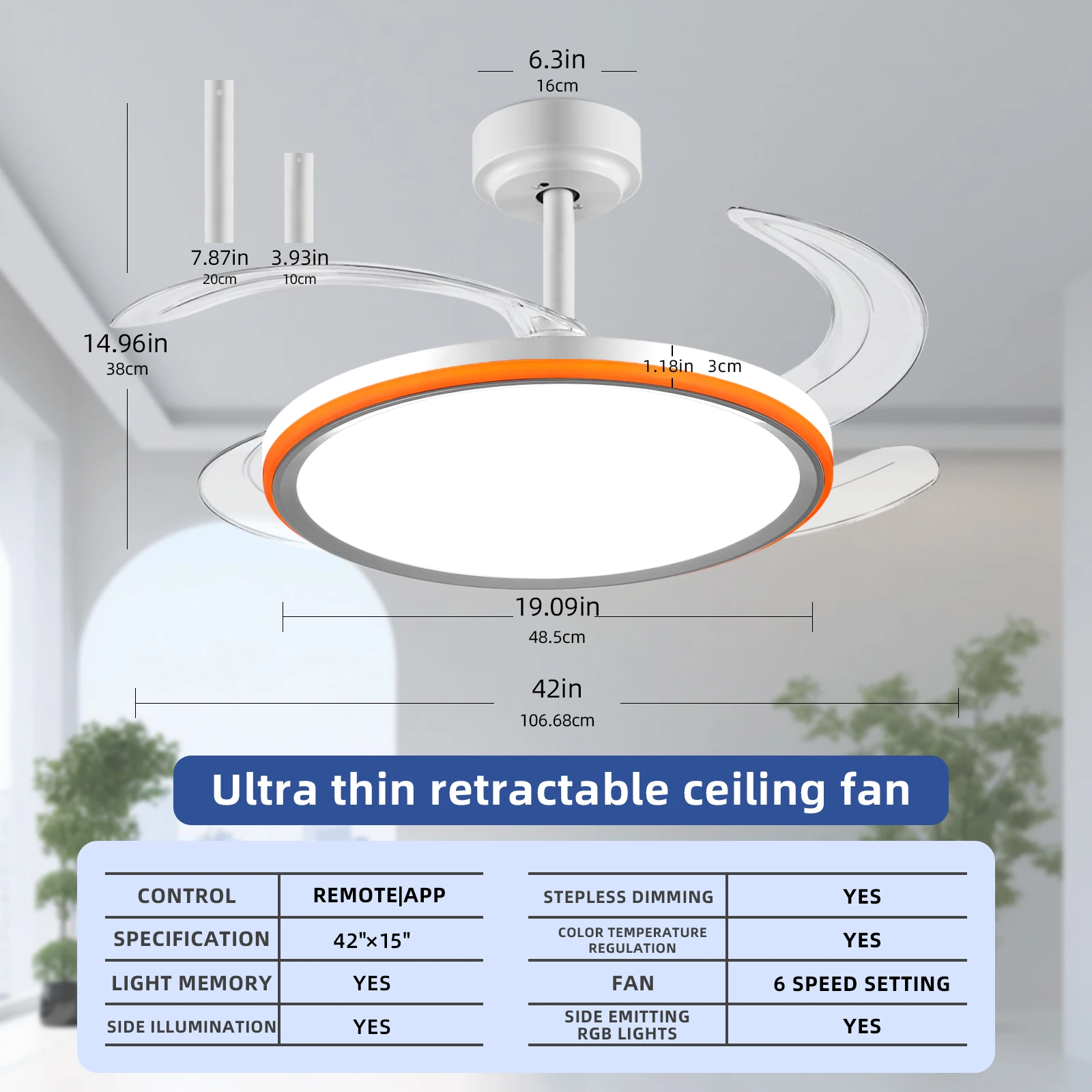 42-Inch Smart Retractable Ceiling Fan Light Breathtaking Lighting Effects, Full-Color RGB Dimming Strip with Memory Function, Bluetooth Speaker, and Convenient Control via App or Remote. Features a 6-Speed Reversible Fan for Quiet