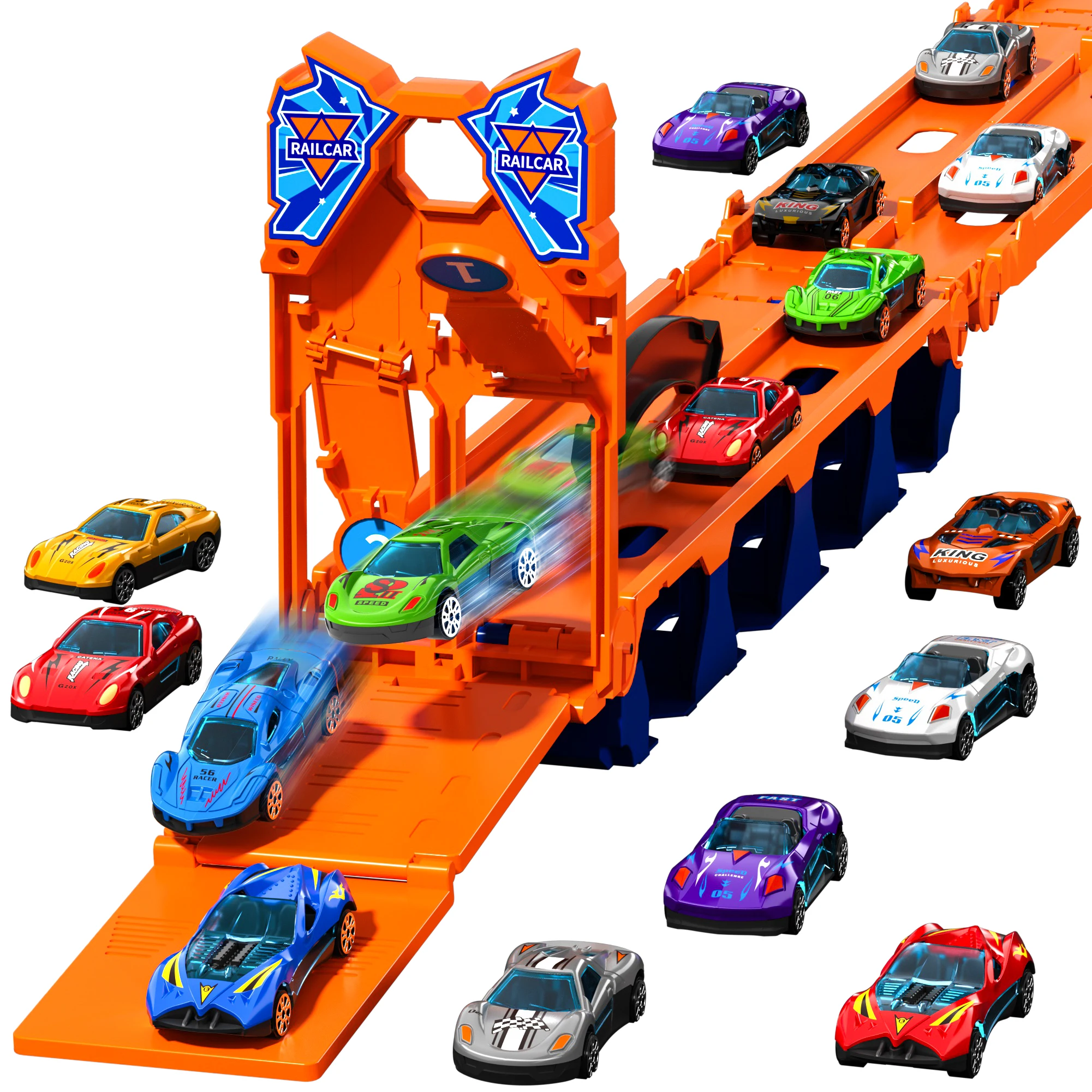 Toy Trucks Ejection Race Track, Catapulting Racing Track with 12 Cars, Kid’s Cool Folding Truck Toy, Cars Storage Toyset