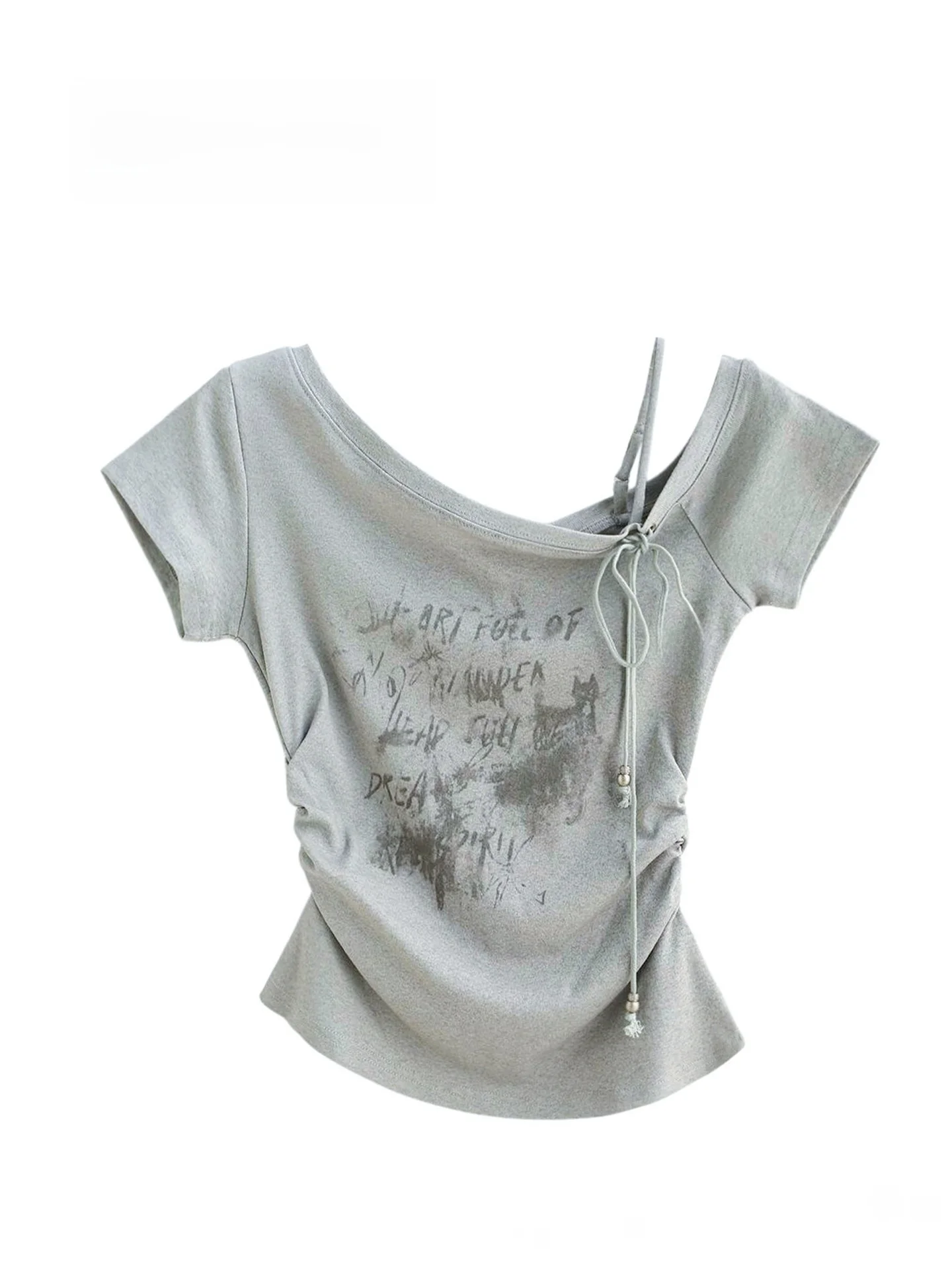 Summer New Style American Retro Hot Girl Short Sleeve T-Shirt Women's Top Gathered Print Halter Neck Cotton Commute Style