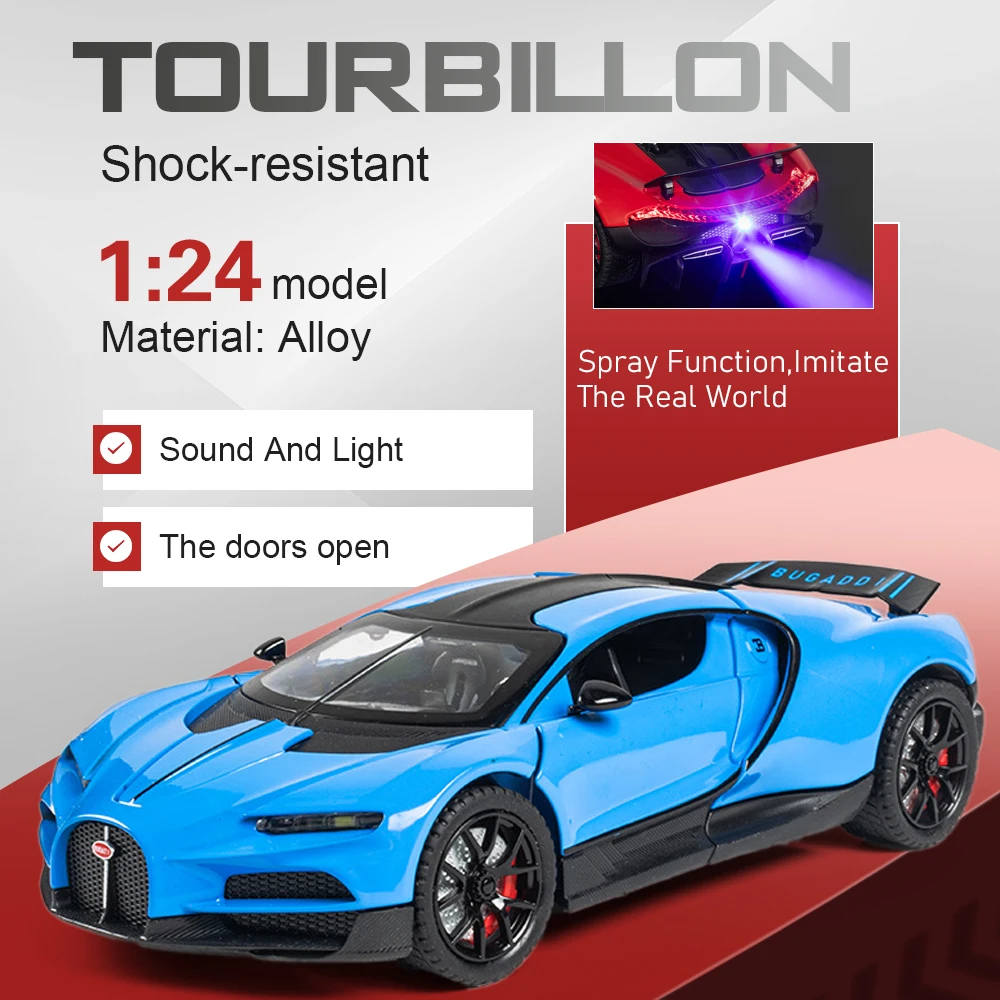 

Масштабная модель автомобиля BOLIDE Tourbillon 1:24, открывающиеся двери, звук и свет, миниатюрная модель, откатывающийся механизм, с функцией распыления, украшение для спальни