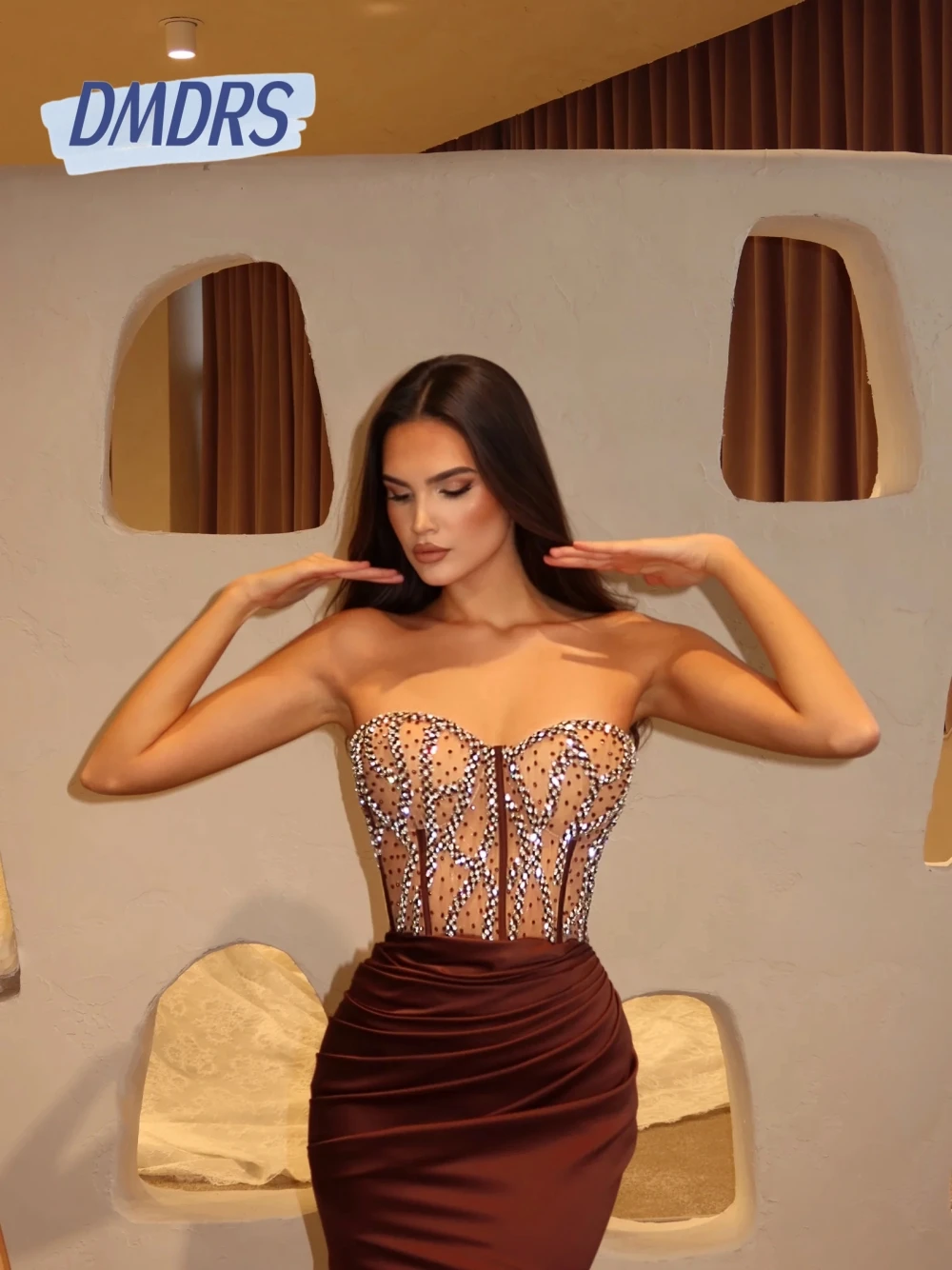 

Brown Satin Fitted Waist Evening Dress Gorgeous Beaded Corset Women Prom Gown Customized Floor-length Elegant Cocktail Wear