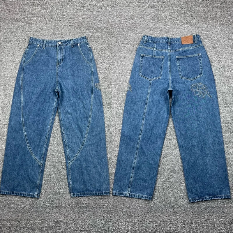 Retro Casual Men's Mertre Jeans High Quality Letter Embroidered Splice Denim Trousers Streetwear