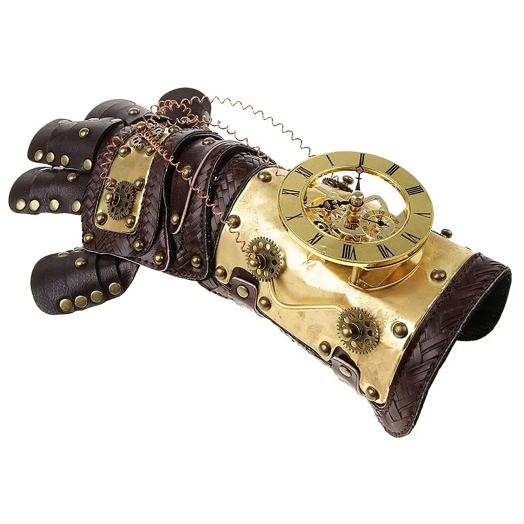 

Vintage Steampunk Rivets PU Leather Arm Band Gold Metal Arm Cuff Gloves Costume Prop