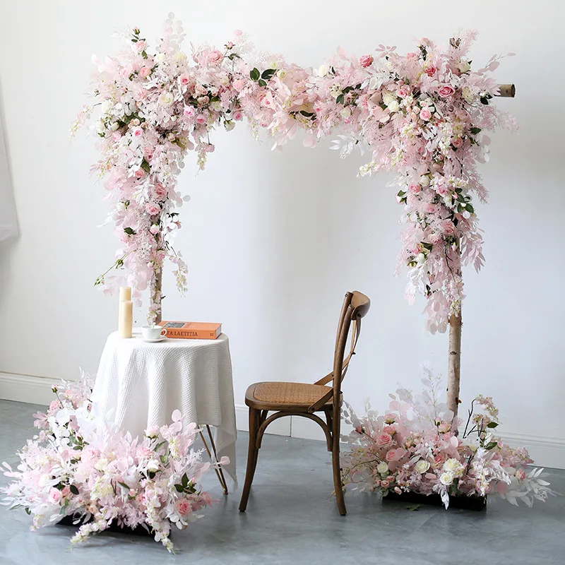 Simulação rosa cena de casamento arranjo de flores preservadas festa de casamento área de fotografia arco arranjo de flores