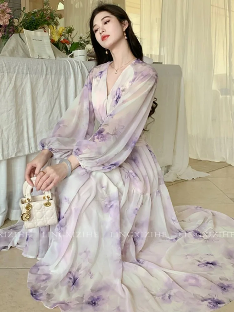 

Elegant Print Purple Long Korean Prom Dresses For Women Summer Sea Beach Holiday Slim Waist V-Neck Fashion New Dress Basics