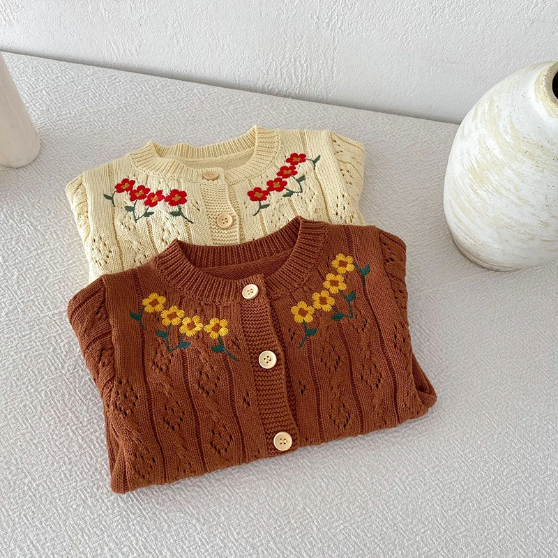 جديد الخريف متماسكة سترة سترة طفل الفتيات طويلة الأكمام الحلو التطريز زهرة متماسكة البلوزات الأطفال بالأزرار سترة معطف #3