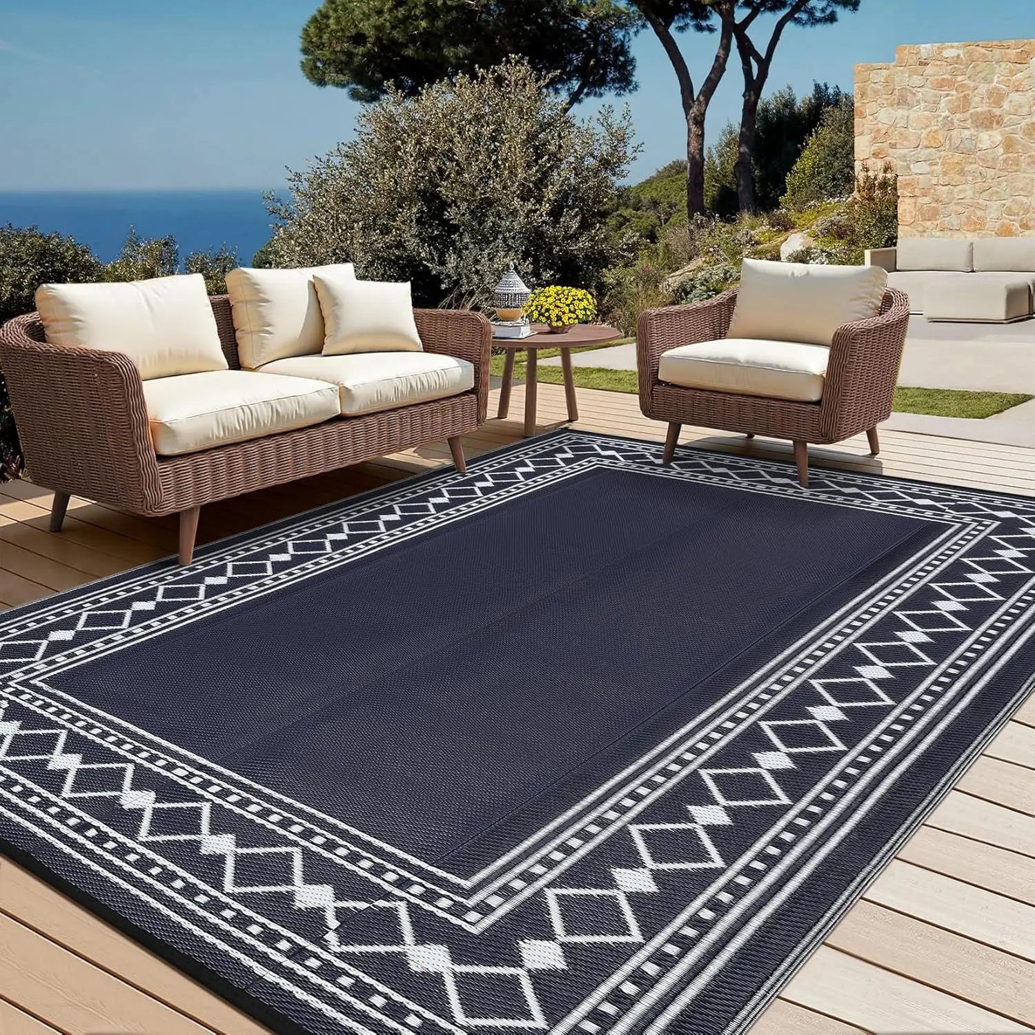 Waterdichte buitenmat met diamantrand, reversibel, van plastic stro, geschikt voor patio, camping, binnen en buiten, RV mat, tapijt voor patio en terras