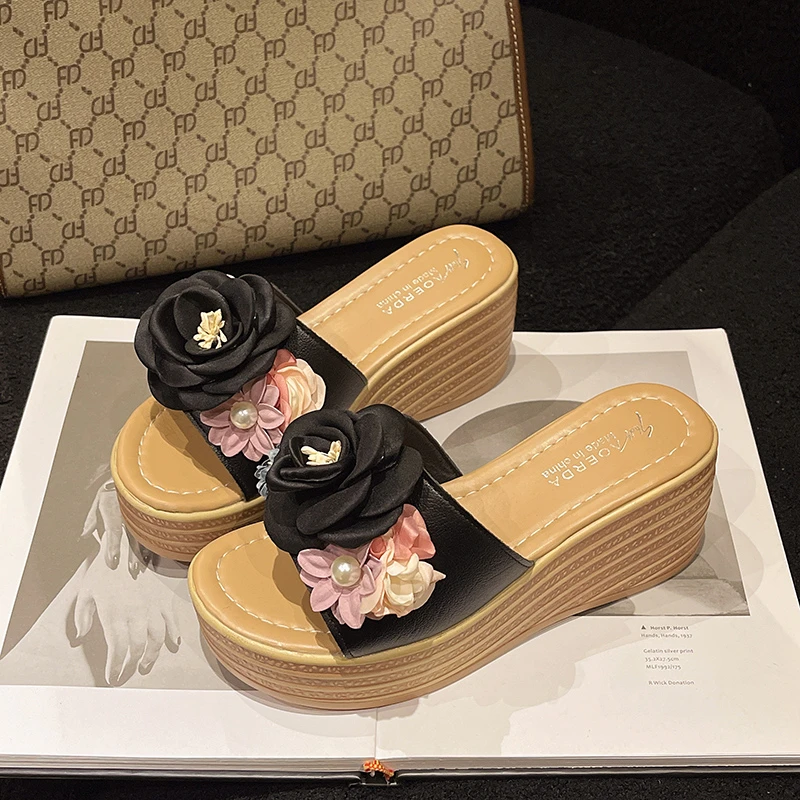 Damen Keilsandalen 2026 Neue Sommer Damen Slip-on Hochhackige Modische Damenschuhe Bequeme Blumen Outdoor Plateau-Sandalen – Detail 17