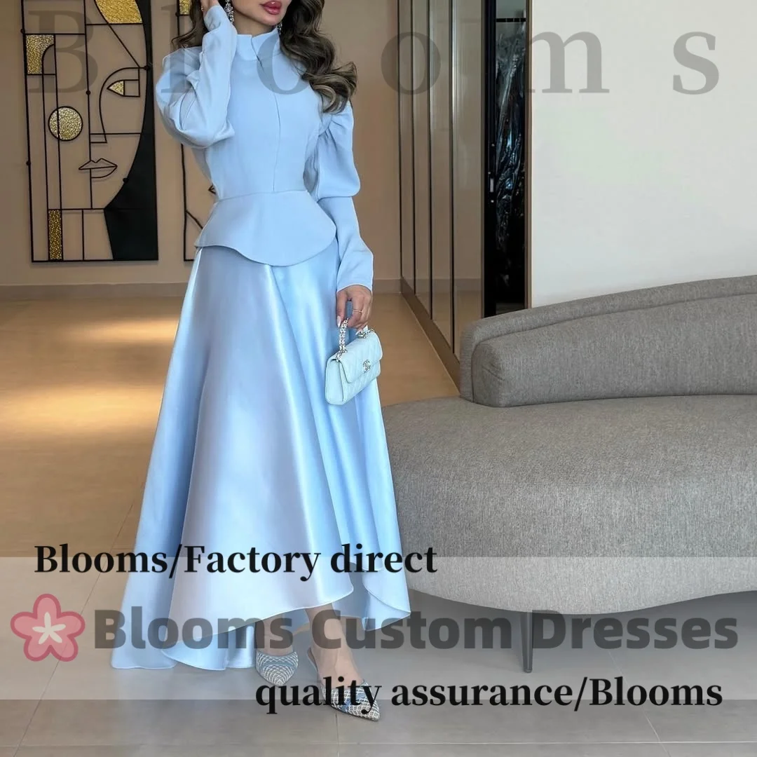 

Customized Light Blue Zipper Evening Dresses for Prom Dress A-Line Draped Midi High Neck Formal Party Gown