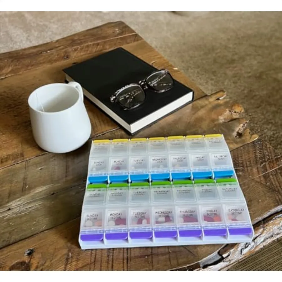 Ezy Dose Weekly 7Day Pill Organizer Vitamin and Medicine Box 2XLarge Push Button Compartments 4 Times a Day Clear Lids
